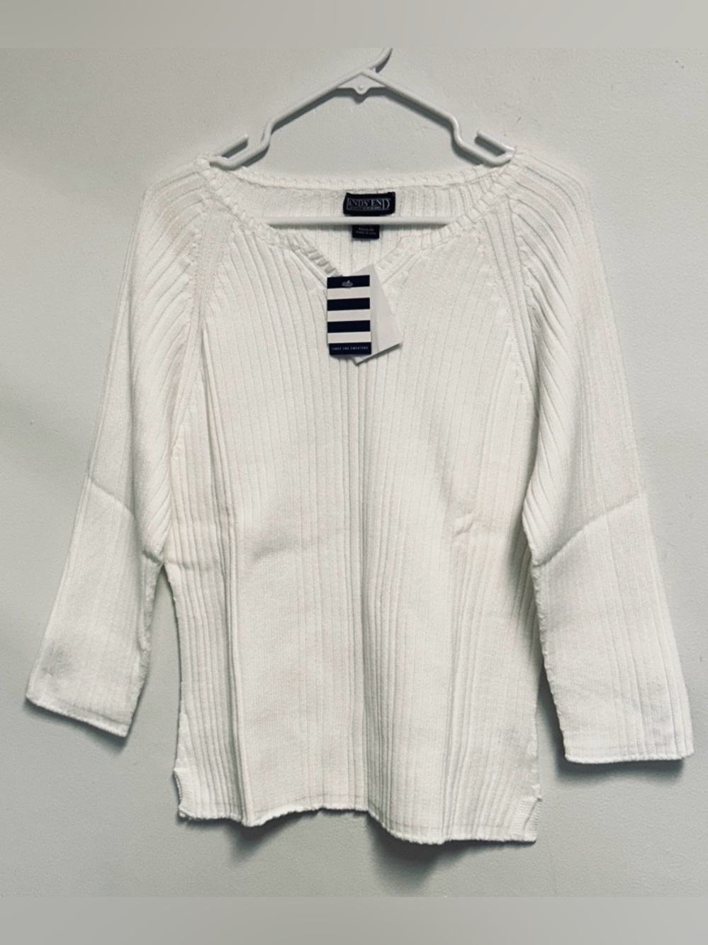 Lands’ End USA NWT Winter White 100% Cotton Ribbed Split Neck Sweater Womens XL